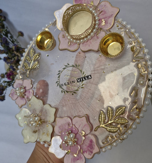 Traditional Resin Art Customizable Thali, 8 Inch, Round, Personalized Pooja Thali for Weddings, Festivals, and Spiritual Ceremonies