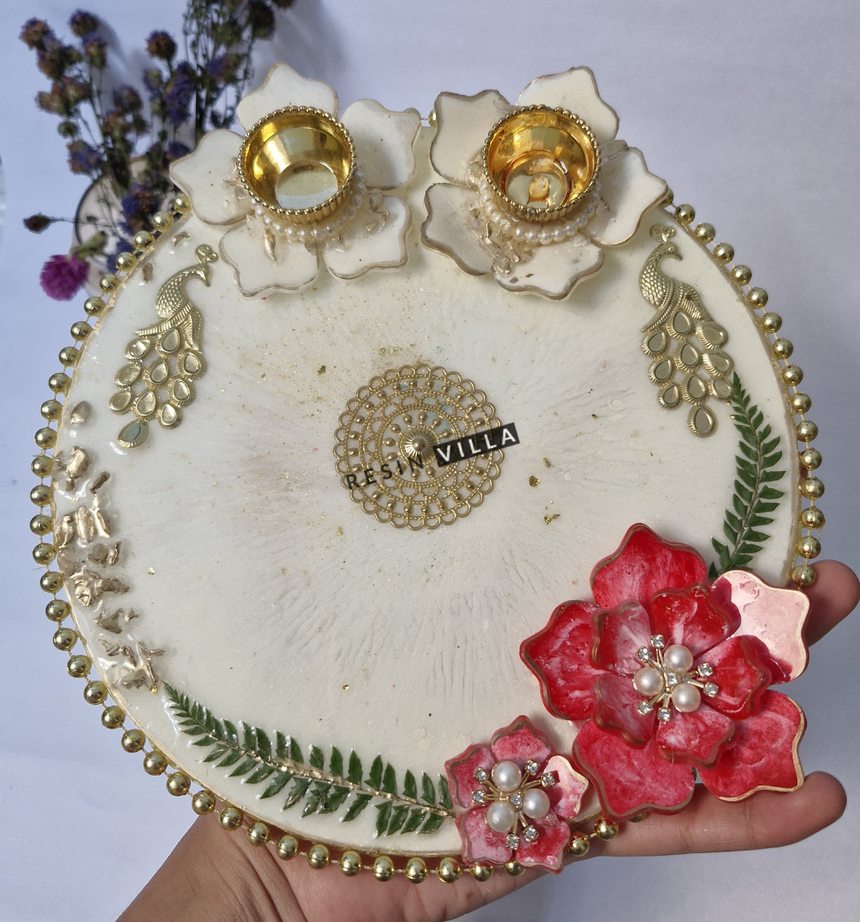 Resin Art Pooja Thali, 8 Inch, Round, Floral, Customizable Traditional Pooja Plate for Weddings, Festivals, and Spiritual Ceremonies