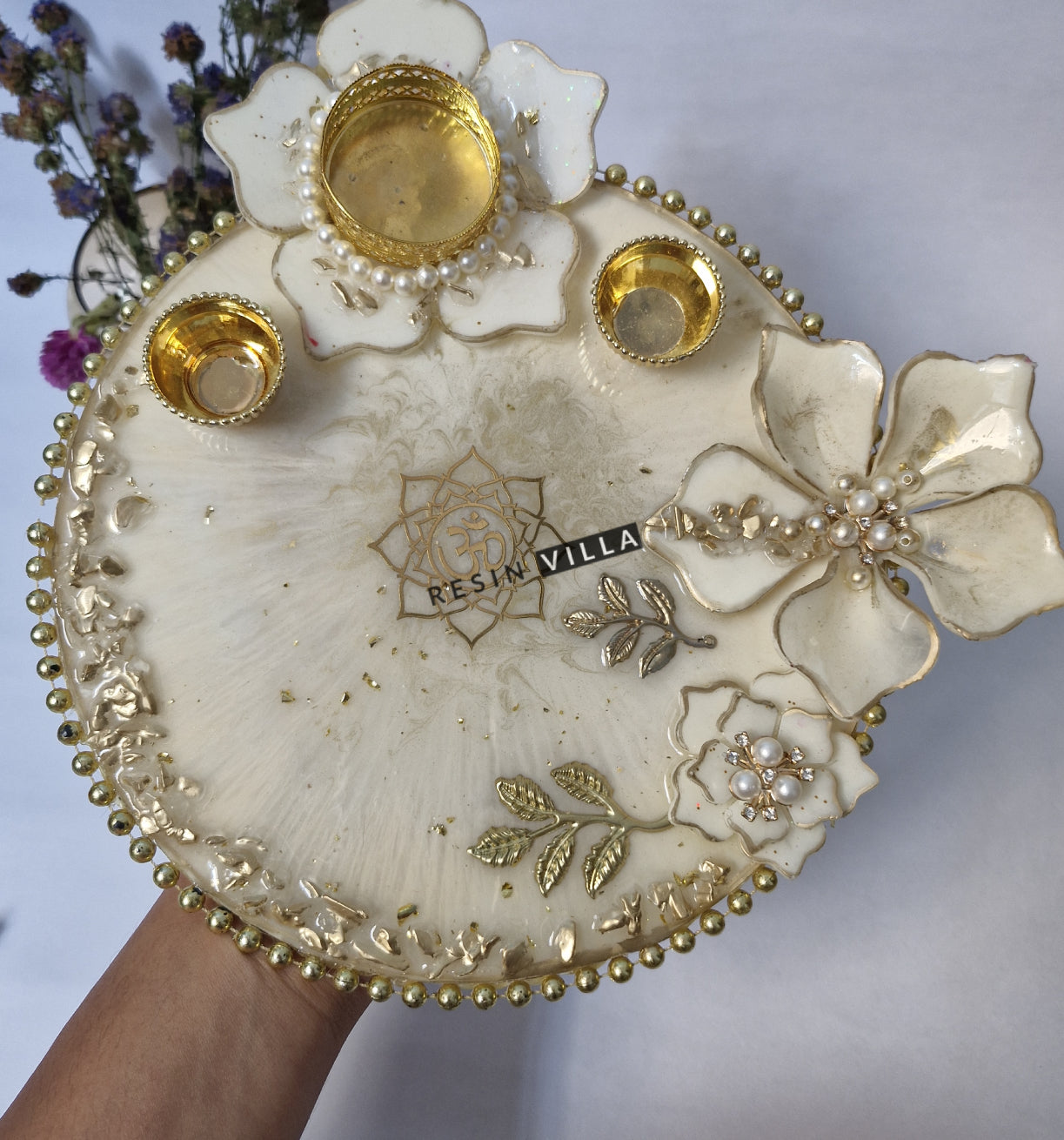 Resin Art Pooja Thali, 8 Inch, Round, Elegant Traditional Design with Modern Resin Craft for Weddings, Festivals & Rituals