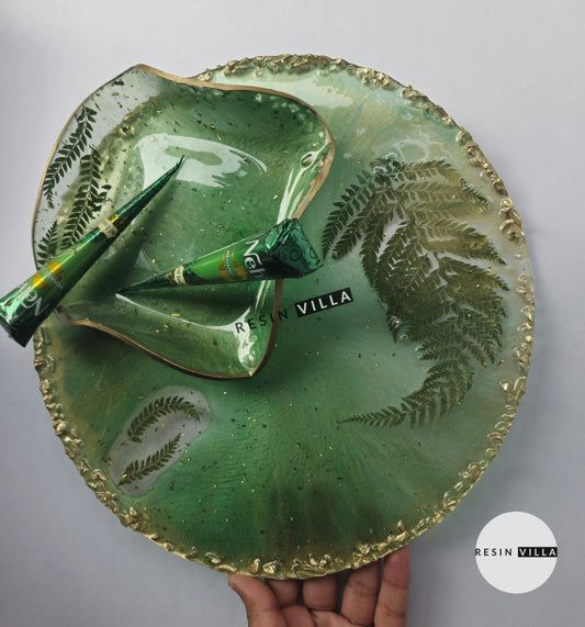 Henna Mehndi Platter with Bowl, 12 inch, Round, Green, Personalized Wedding Decor for Mehndi Ceremony, Bridal Henna Set