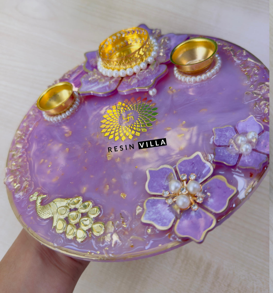 Resin Art, Pooja Thali, Karwa Chauth, Navratri, Diwali Gift and Daily Prayer in purple color 8 inch