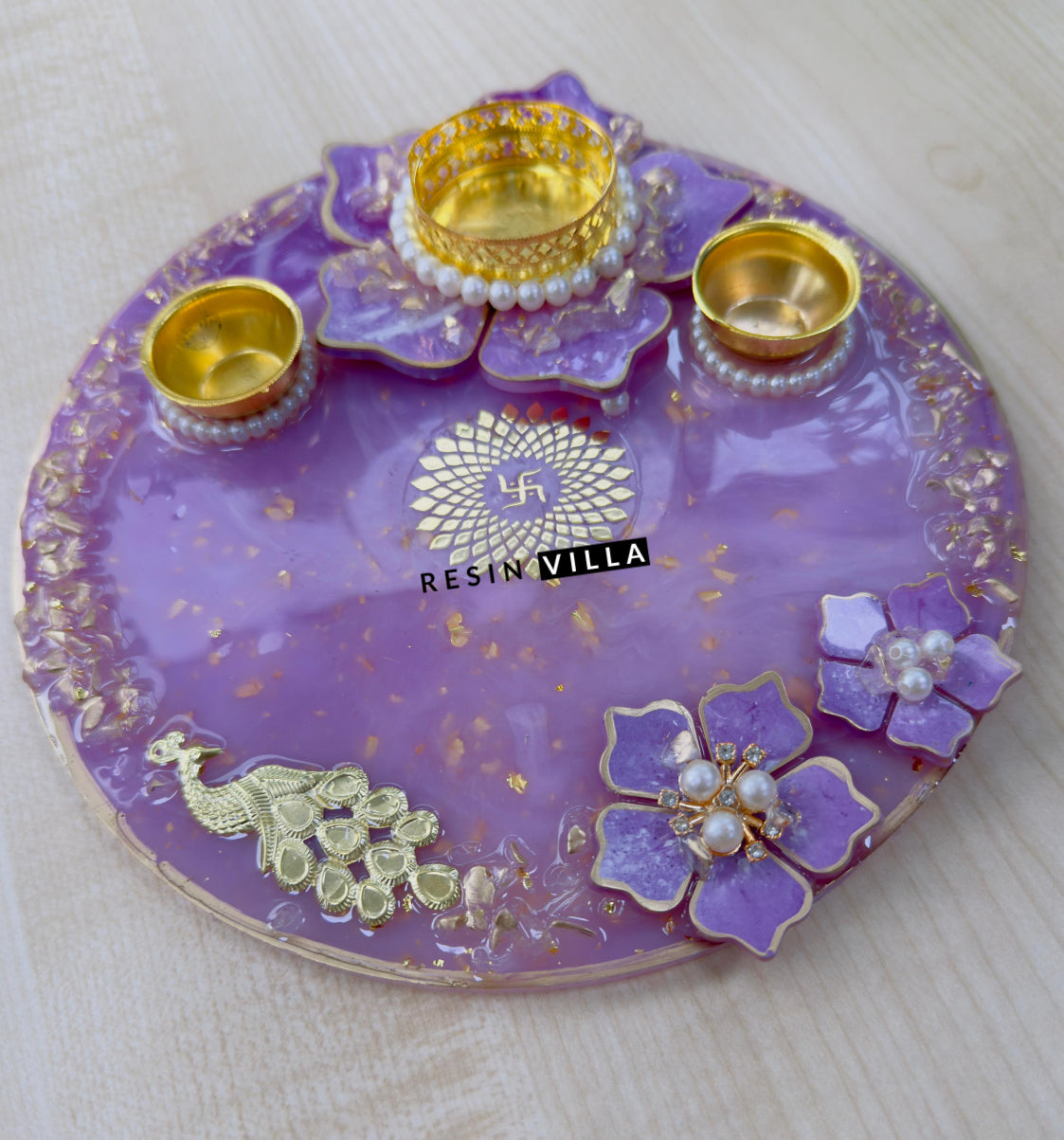 Resin Art, Pooja Thali, Karwa Chauth, Navratri, Diwali Gift and Daily Prayer in purple color 8 inch