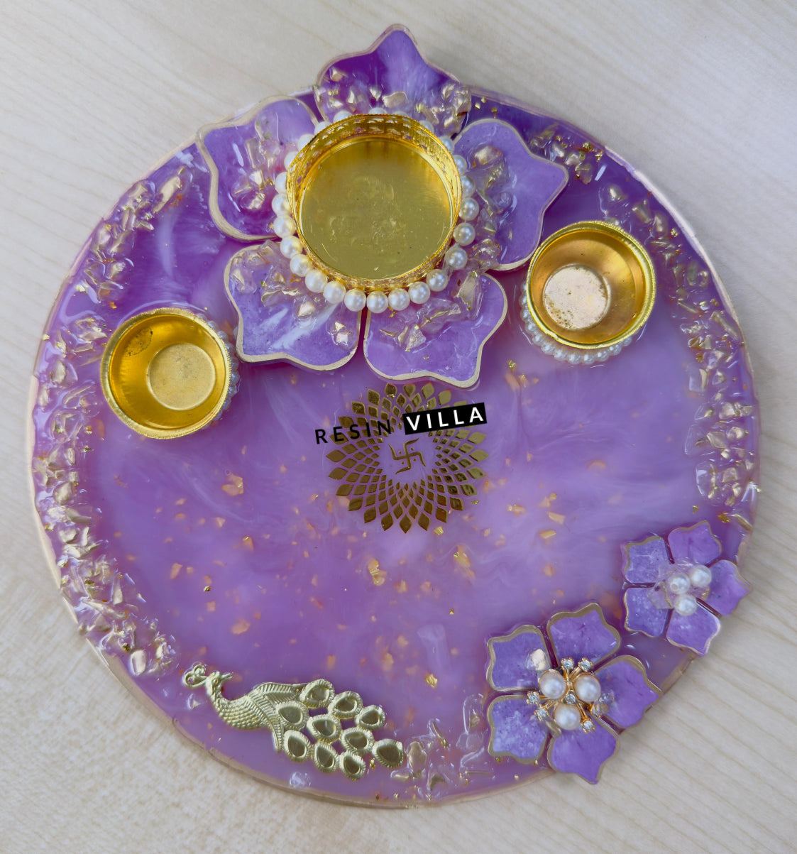 Resin Art, Pooja Thali, Karwa Chauth, Navratri, Diwali Gift and Daily Prayer in purple color 8 inch