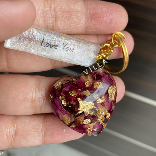 Resin Art, Keychain, Red Rose Flower preservation in heart Shape 3D Keychains