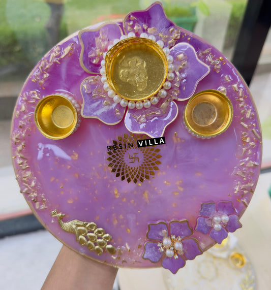 Resin Art, Pooja Thali, Karwa Chauth, Navratri, Diwali Gift and Daily Prayer in purple color 8 inch